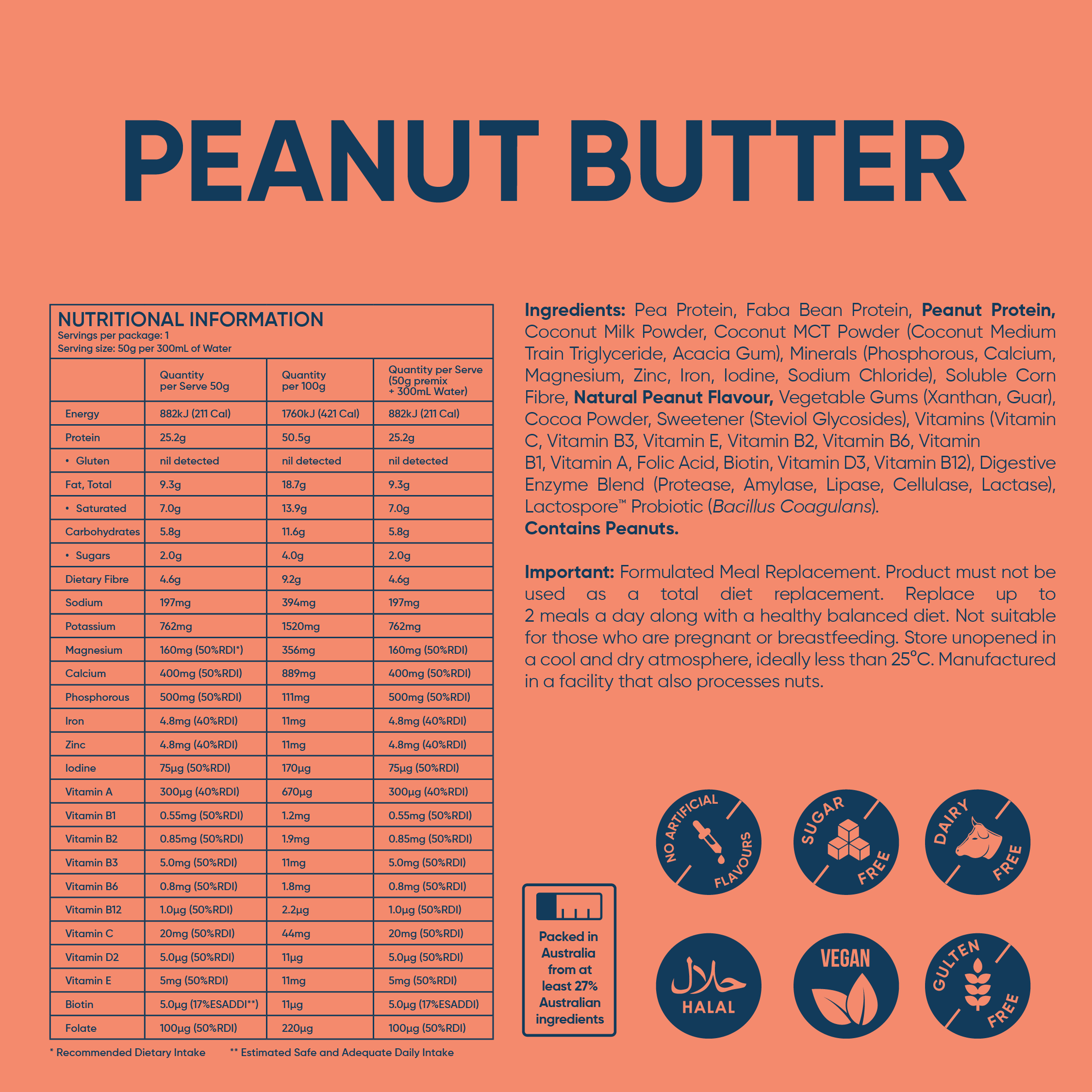 2 Single Sachets Peanut Butter - Daily Shake - Premium Meal Replacement Shakes