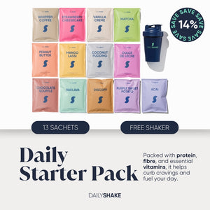 A promotional image featuring 13 flavored sachets of Daily Shake meal replacement shakes in various colors, labeled with names such as Chocolate Souffle, Strawberry Cheesecake, and Acai. A shaker cup is also included with the text 'FREE SHAKER'.
