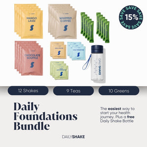 Daily Shake product bundle with various packets and a water bottle on a white background