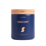 Blue container with a wooden lid labeled 'Daily Shake Discoff' on a white background