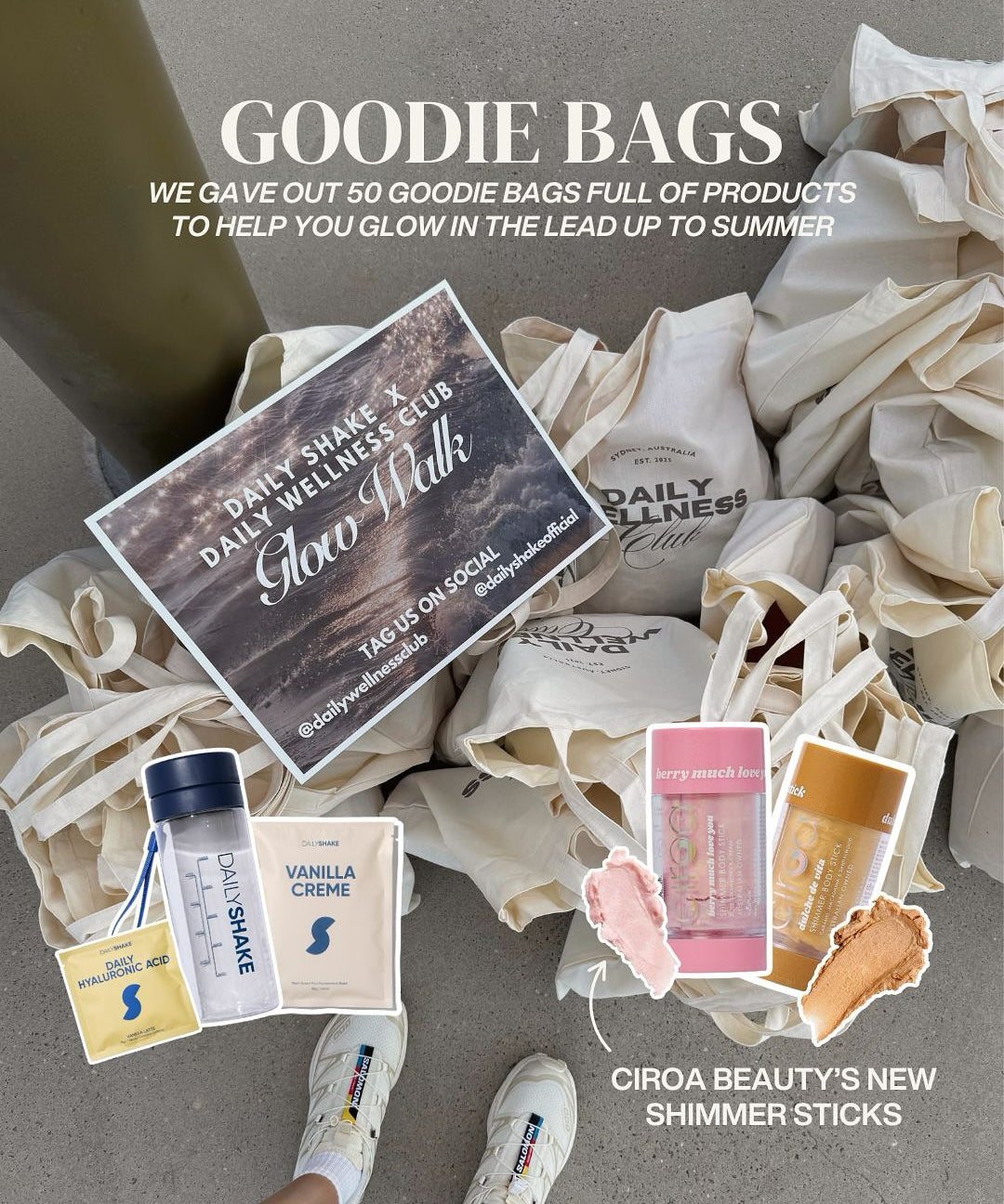 Goodie bags with Daily Wellness Club products, Daily Shake Vanilla Protein, Daily Shake Vanilla Latte and Ciroa Beauty shimmer sticks 