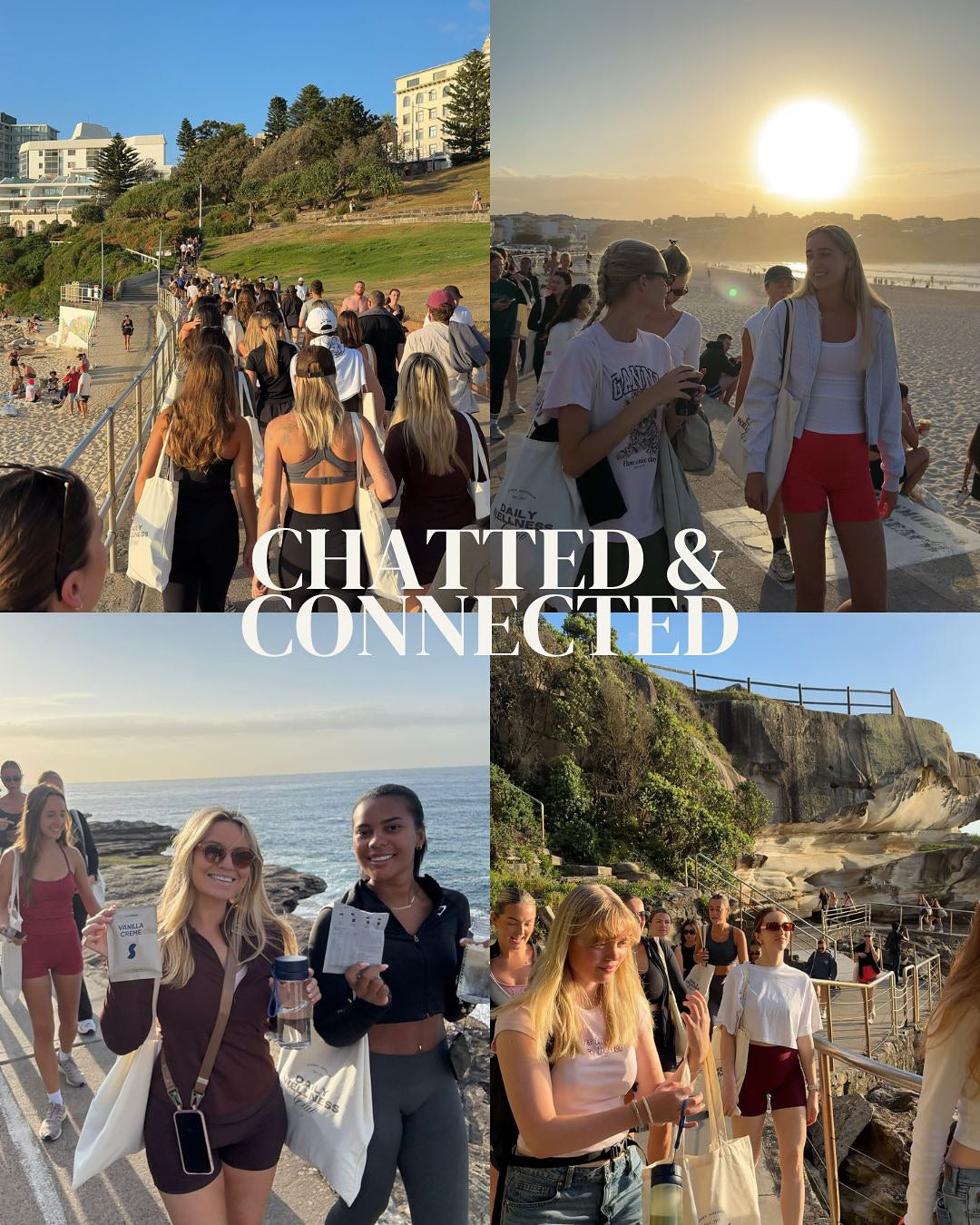 Collage of people at a beach with text 'Chatted & Connected' overlayed.