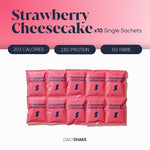 A pack of ten strawberry cheesecake flavored single sachets, with nutritional information highlighted, on a pink background.
