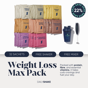DailyShake weight loss max pack with various flavors and free shaker and mixer offer.